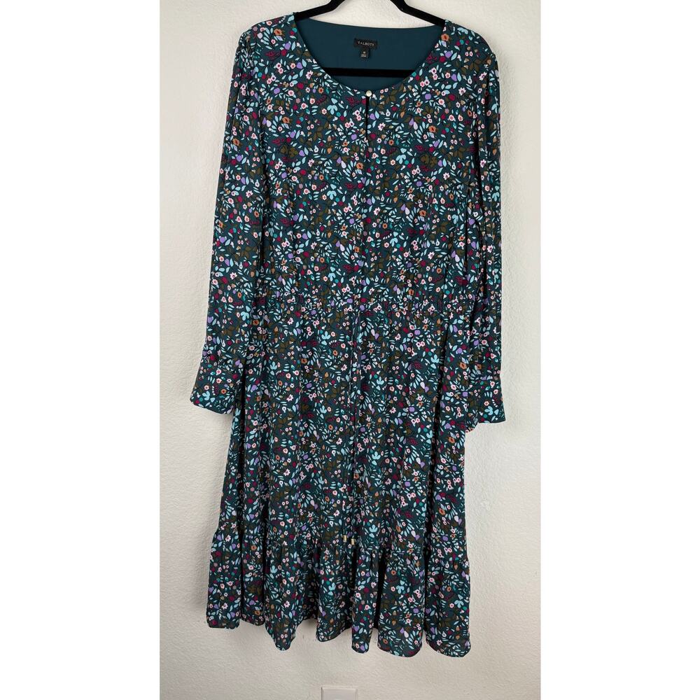 Talbots Dress Sz 18 Teal Blue Folk Floral Dress Peplum Hem Midi  Peasant Boho